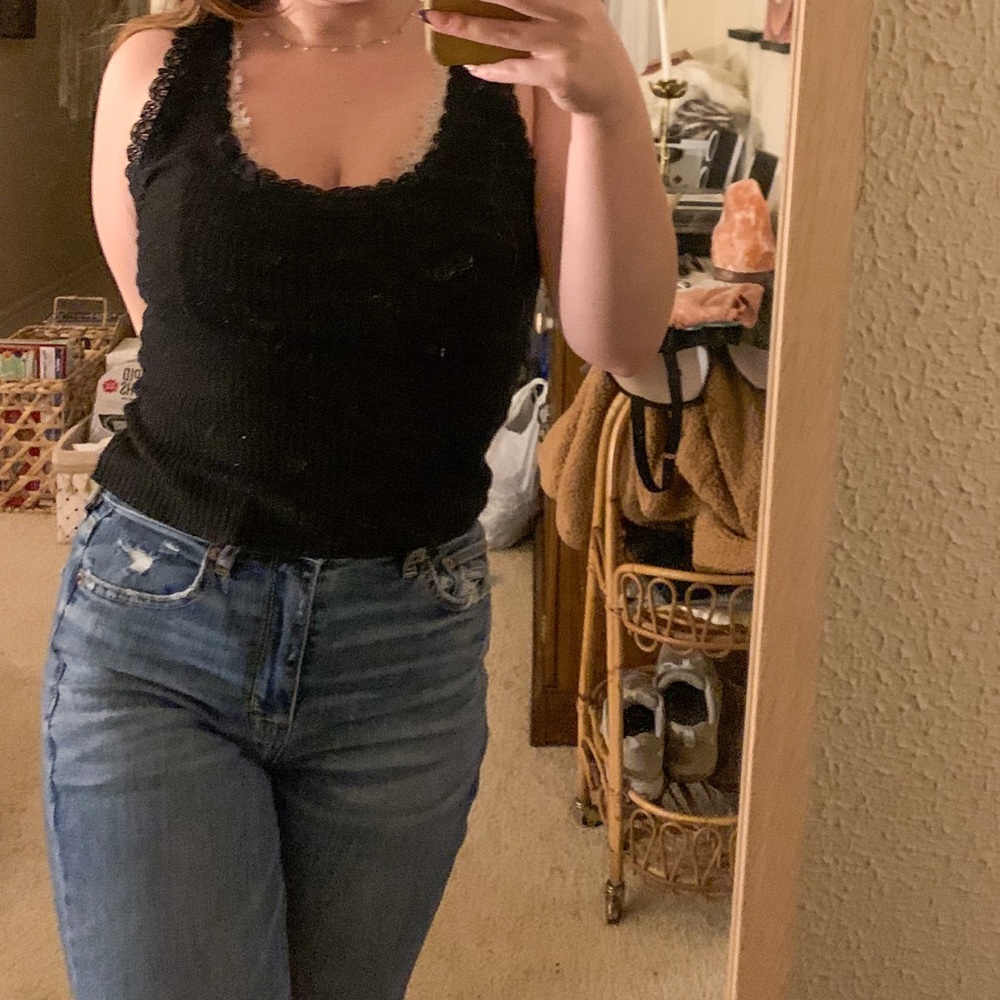 SOLD Forever 21 Black Knit Ribbed Thick Straps with Lace Trim Tank Top